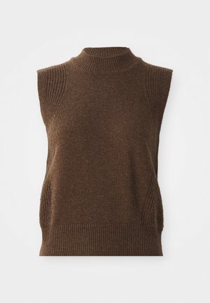 Brown sleeveless knit top featuring a high neck, ribbed texture, and side panel accents. Soft wool blend material with a fitted silhouette.