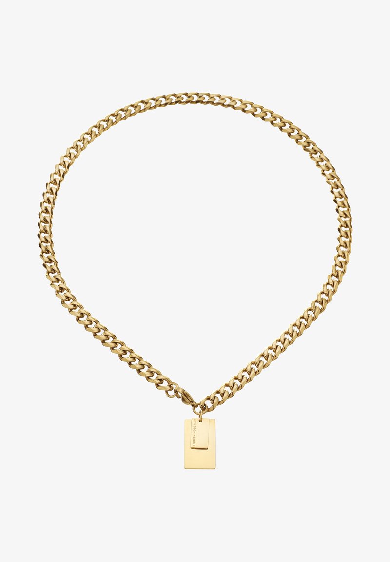 Collier en chaîne d'or avec deux pendentifs rectangulaires, l'un plus petit et gravé, reliés par un fermoir.
