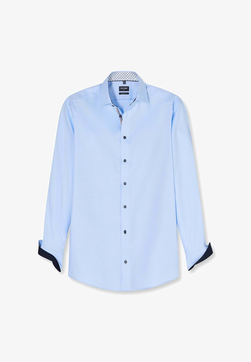 Hellblaues Langarm-Herrenhemd mit einem gemusterten Innenkragen und dunklen, kontrastierenden Innenmanschetten, vorne durchgehend mit Knöpfen versehen.