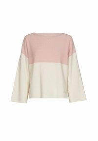 Pull léger court en crème et rose pâle. Il possède des manches trois-quarts, une coupe décontractée et une texture tricot lisse.