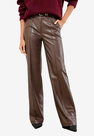 Brown faux leather wide-leg pants featuring a smooth texture, structured front seams, and a high waist with a belt accent.