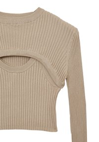 Top corto a coste beige con maniche lunghe, caratterizzato da un taglio sotto il collo e una finitura testurizzata su tutta la superficie.