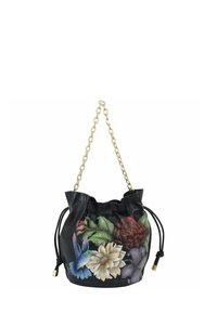 Zwarte leren emmer tas met gouden kettingband, met kleurrijke bloemen- en kolibridesigns aan de voorkant, gestructureerde afwerking en trekkoordsluiting.