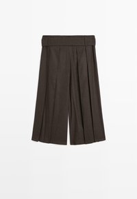 Culottes plissés marron avec une ceinture structurée. Fabriqués à partir d'un tissu doux, présentant un design à jambes larges et une texture lisse.