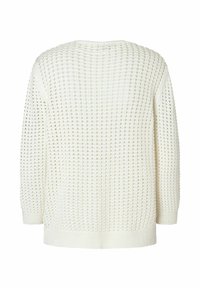 Witte gebreide trui met een open, textuurpatroon, voorzien van lange mouwen en een ronde halslijn. Ribgebreide boorden en zoom.