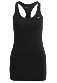 Czarny podkoszulek z wycięciem na plecach, wykonany z elastycznego materiału. Posiada małe logo na klatce piersiowej oraz gładką teksturę.