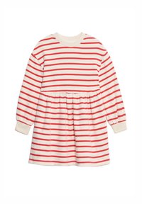 Gestreiftes Kleid mit langen Ärmeln in Rot und Weiß, runder Halslinie, gerafftem Gürtel und elastischen Bündchen. Weicher Stoff mit lässiger Passform.