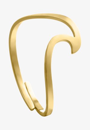 Goldfarbener Armreif mit einem fließenden, wellenförmigen Design, das glattes, poliertes Metall und eine offene, verstellbare Form aufweist.