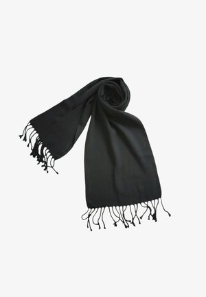 Écharpe noire en tissu doux, de forme rectangulaire avec des bords à franges pour ajouter de la texture. Surface lisse avec une finition mate.