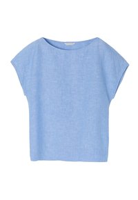 Top de lino azul claro con cuello redondo y mangas cortas tipo capucha. La tela tiene un acabado texturizado y un ajuste suelto y relajado.