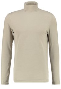 Beige Langarm-Turtleneck-Shirt aus weichem, elastischem Material mit taillierter Passform und glatter Oberfläche. Ohne Muster oder Verzierungen.