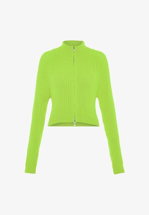 Neon zöld bordázott kötött rövid pulóver hosszú ujjal, magas gallérral és kétirányú elülső cipzárral.
