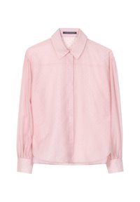 Pink long-sleeve shirt with a collared neckline, made of lightweight fabric featuring small, subtle metallic dots and gathered sleeves.