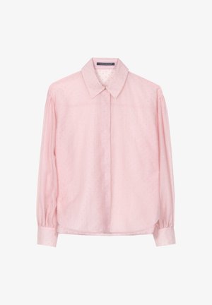 Rosa langärmeliges Hemd mit Kragen, gefertigt aus leichtem Stoff mit kleinen, dezenten metallischen Punkten und gerafften Ärmeln.