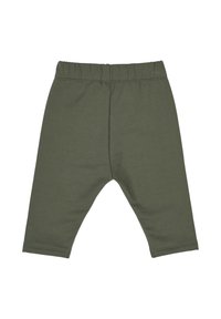 Pantaloni di cotone verdi con vita elastica, design affusolato, texture liscia e orli rifiniti.