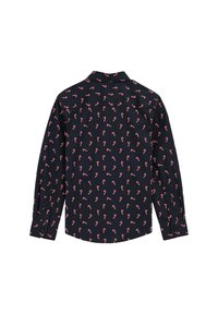 Långärmad skjorta i marinblått tyg med ett upprepat mönster av godiskäppar i rött och vitt. Klassisk krage och knäppning vid manschetterna.