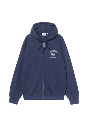Felpa con zip e cappuccio blu navy con cordoncino, tasca a marsupio e scritta bianca "Carhartt Wip Eightynine" sul petto sinistro.