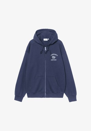 Felpa con zip e cappuccio blu navy con cordoncino, tasca a marsupio e scritta bianca "Carhartt Wip Eightynine" sul petto sinistro.