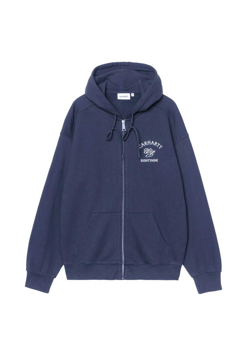 Sudadera con capucha azul marino con cremallera, capucha con cordón, bolsillo canguro y texto blanco "Carhartt Wip Eightynine" en el pecho izquierdo.