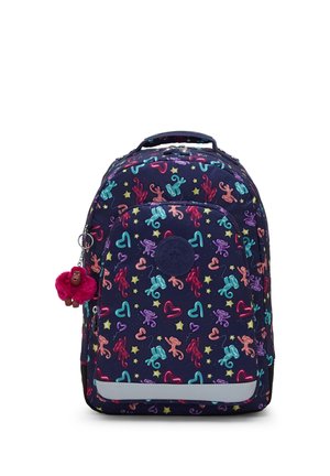 Mochila azul marino con diseños de animales de globos coloridos y corazones, bolsillo frontal con cremallera, tira reflectante y un pequeño llavero de mono rosa.