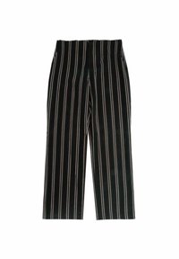 Zwarte streep brede broek met verticale meerkleurige strepen. Heeft een hoge tailleband en een soepele textuur. Ontworpen voor een losse pasvorm.