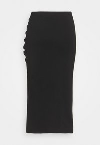 Svart midiklänning i elastiskt tyg. Har en sidoflärp och en figurnära silhuett. Medelhög midja och jämn textur.