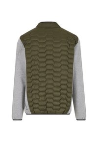 Chaqueta acolchada con un respaldo hexagonal acolchado en verde oliva y mangas grises. Presenta un cuello alto y puños acanalados, ofreciendo un diseño de materiales mixtos.
