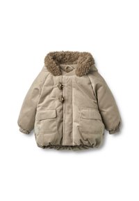 Beżowa kurtka z korduroyu z kapturem z sztucznego futra, z zapięciem na guziki toggle, ławkowymi naszywkami i elastycznymi mankietami, z dwoma przednimi kieszeniami.