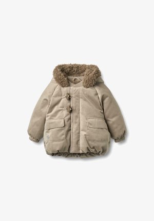 Beige kordbársony dzseki műszőrme kapucnival, fapapucsos záródással, könyökrészekkel és elasztikus mandzsettagombokkal, amely két első zsebet tartalmaz.