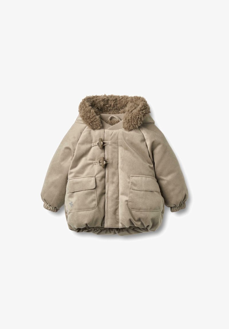 Beżowa kurtka z korduroyu z kapturem z sztucznego futra, z zapięciem na guziki toggle, ławkowymi naszywkami i elastycznymi mankietami, z dwoma przednimi kieszeniami.