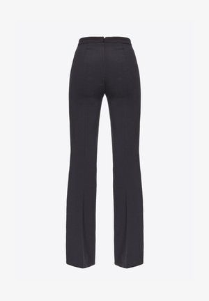 Pantaloni neri a zampa d'elefante con una texture liscia, dotati di una vita bassa e di una cerniera a scomparsa sul retro, progettati per un fit su misura.