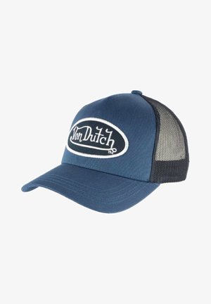 Blue baseball cap with a mesh back, featuring a white and black oval logo with "Von Dutch." Curved brim and structured crown.