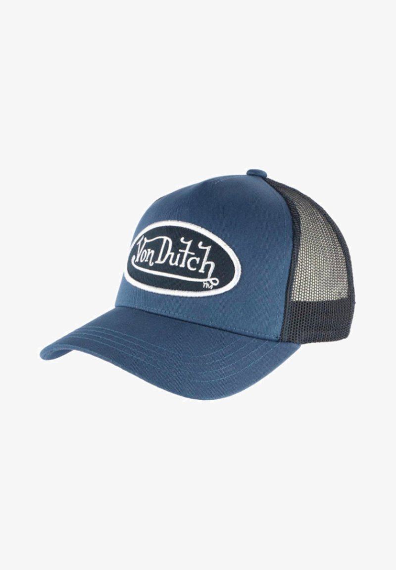 Căciulă de baseball albastră cu spate din plasă, având un logo oval alb și negru cu "Von Dutch." Brimă curbă și coroană structurată.