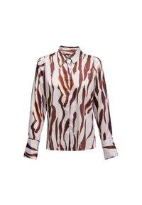 Langarm-Hemd zum Knöpfen mit braunem, orangefarbenem und blauem Tigermuster auf weißem Hintergrund, weiter Kragen und geknöpften Manschetten.