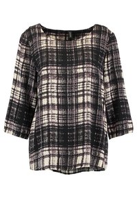 Långärmad topp i svart, vitt och mauve-rutat mönster; har en båtformad halsringning och en A-linjeformad siluett med ett lätt strukturerat tyg.