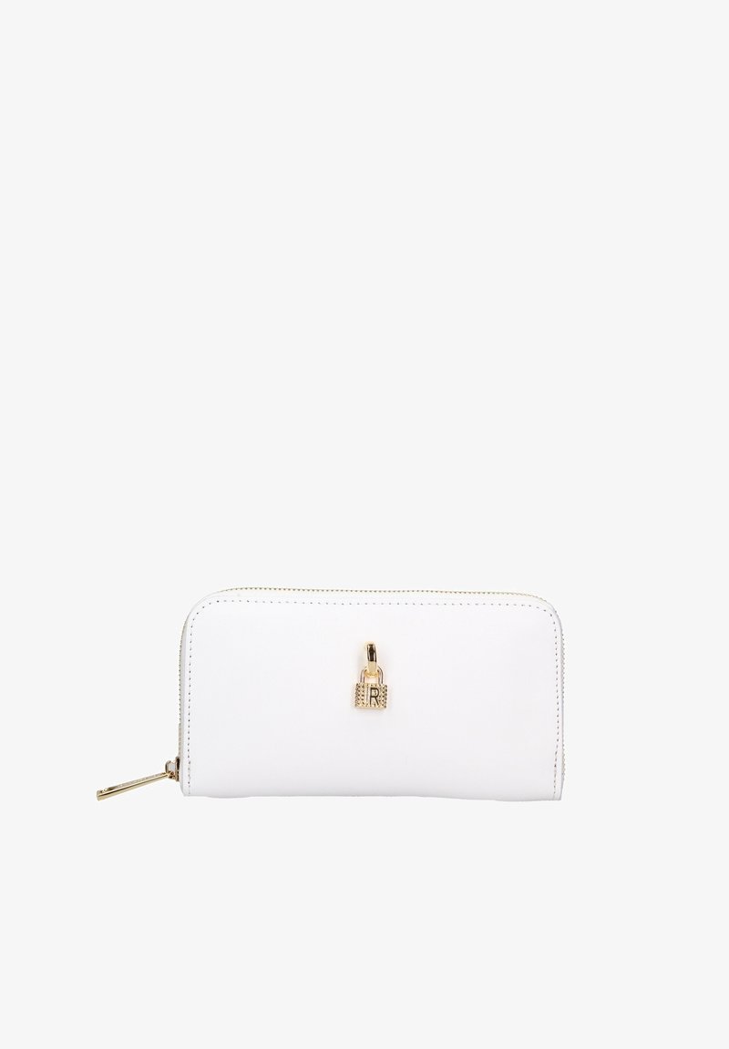 Portefeuille rectangulaire blanc avec fermeture éclair dorée et un petit cadenas doré en détail sur le devant.