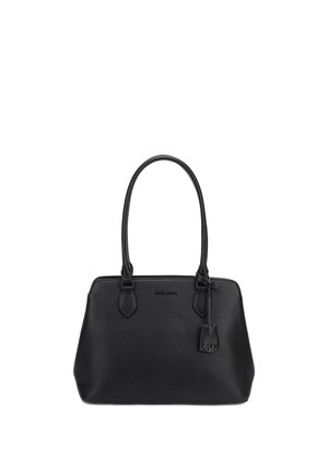 Sac fourre-tout en cuir noir avec double bandoulière et une étiquette en cuir suspendue, avec un logo de marque discrètement embossé sur le devant.