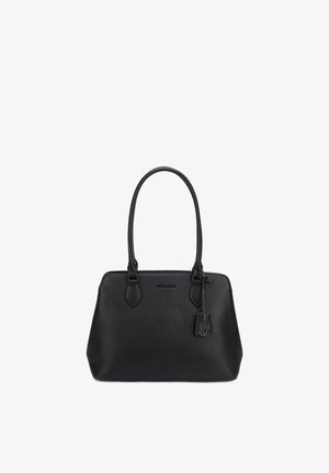 Black leather tote bag with dual shoulder straps and a hanging leather tag, featuring a subtle embossed brand logo on the front.