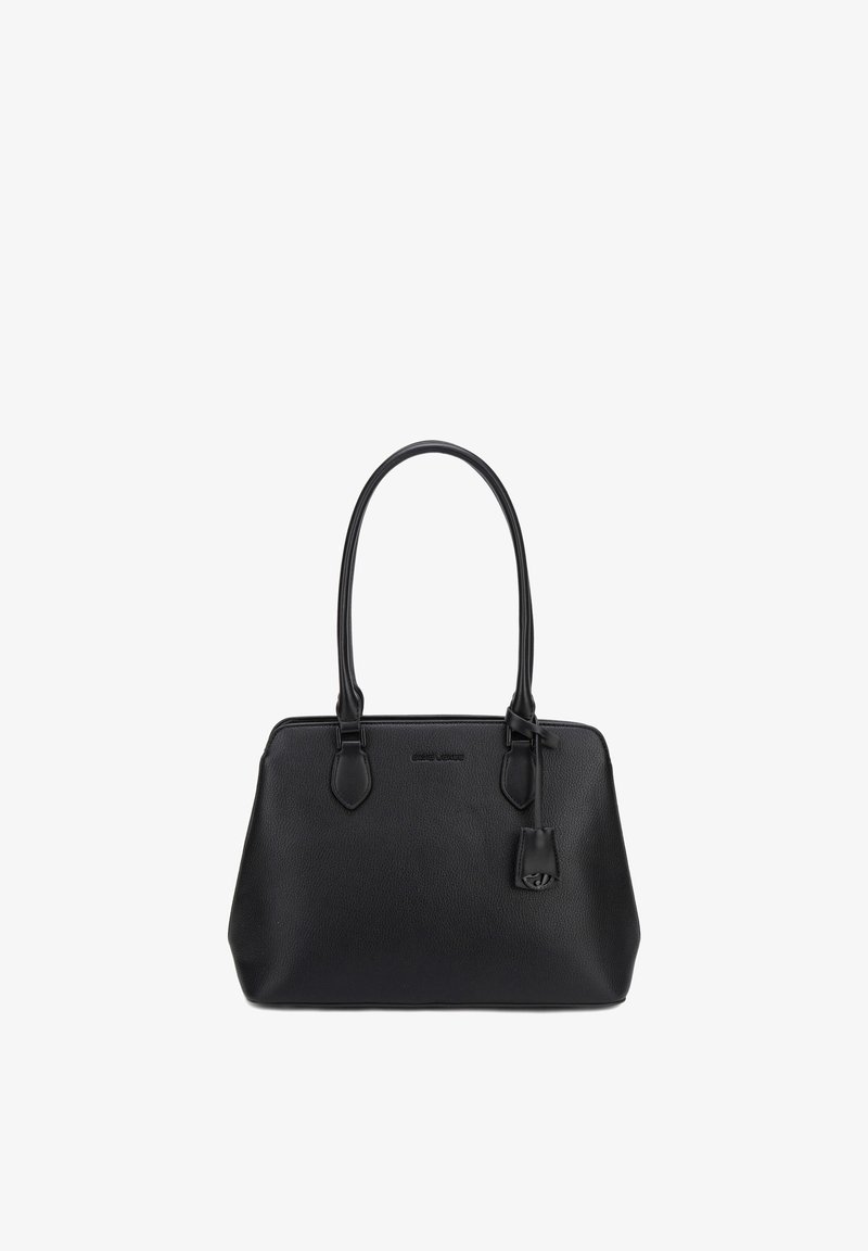 Sac fourre-tout en cuir noir avec double bandoulière et une étiquette en cuir suspendue, avec un logo de marque discrètement embossé sur le devant.