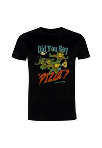 Černé tričko s kreslenými želvami, které nadšeně běží ke kousku pizzy, s nápisem „Řekl jsi 'Pizza?'“ tučně.