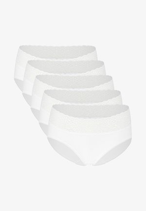 Slip in cotone bianco con cintura in pizzo floreale, texture liscia e taglio classico, presentati in un gruppo di cinque.