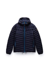 Tumši zils quilted puffer jaka ar kapuci, ar kontrastējošu gaiši zilu rāvējslēdzēju un akcentiem, divām rāvējslēdzēja sānu kabatām un regulējamu apakšmalu.
