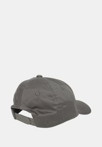 Cappellino da baseball grigio con una forma strutturata, fascia in tessuto regolabile sul retro e dettagli cuciti sulla corona e sul visiera.