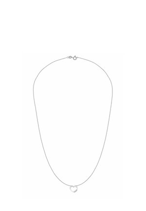 Srebrny naszyjnik z cienkim łańcuszkiem i wisiorkiem w kształcie serca. Wisiorek zdobi mały, błyszczący detal, dodający subtelnego akcentu.