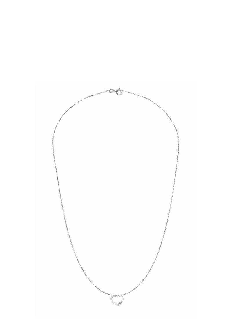 Srebrny naszyjnik z cienkim łańcuszkiem i wisiorkiem w kształcie serca. Wisiorek zdobi mały, błyszczący detal, dodający subtelnego akcentu.