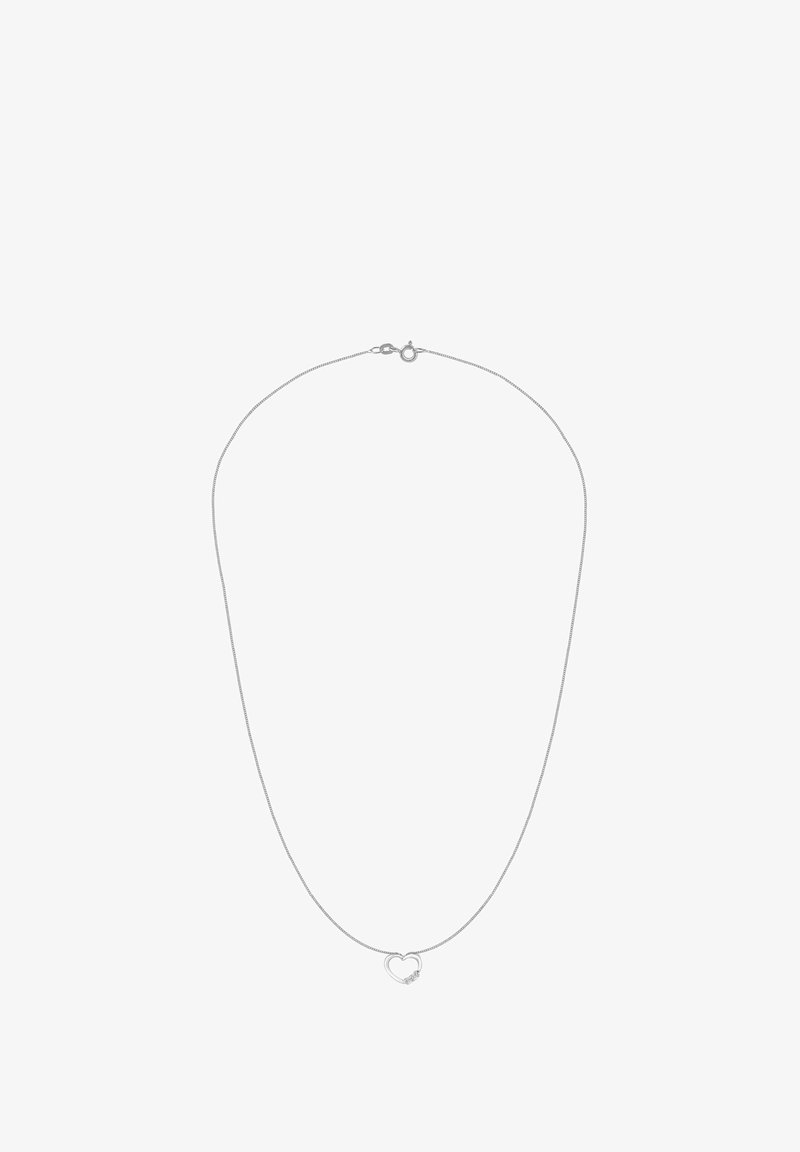 Srebrny naszyjnik z cienkim łańcuszkiem i wisiorkiem w kształcie serca. Wisiorek zdobi mały, błyszczący detal, dodający subtelnego akcentu.