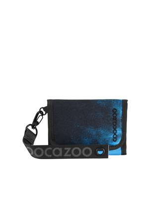 Compact black and blue fabric wallet with black strap attached by a metal clip, "Coocazoo" branding visible on both wallet and strap.