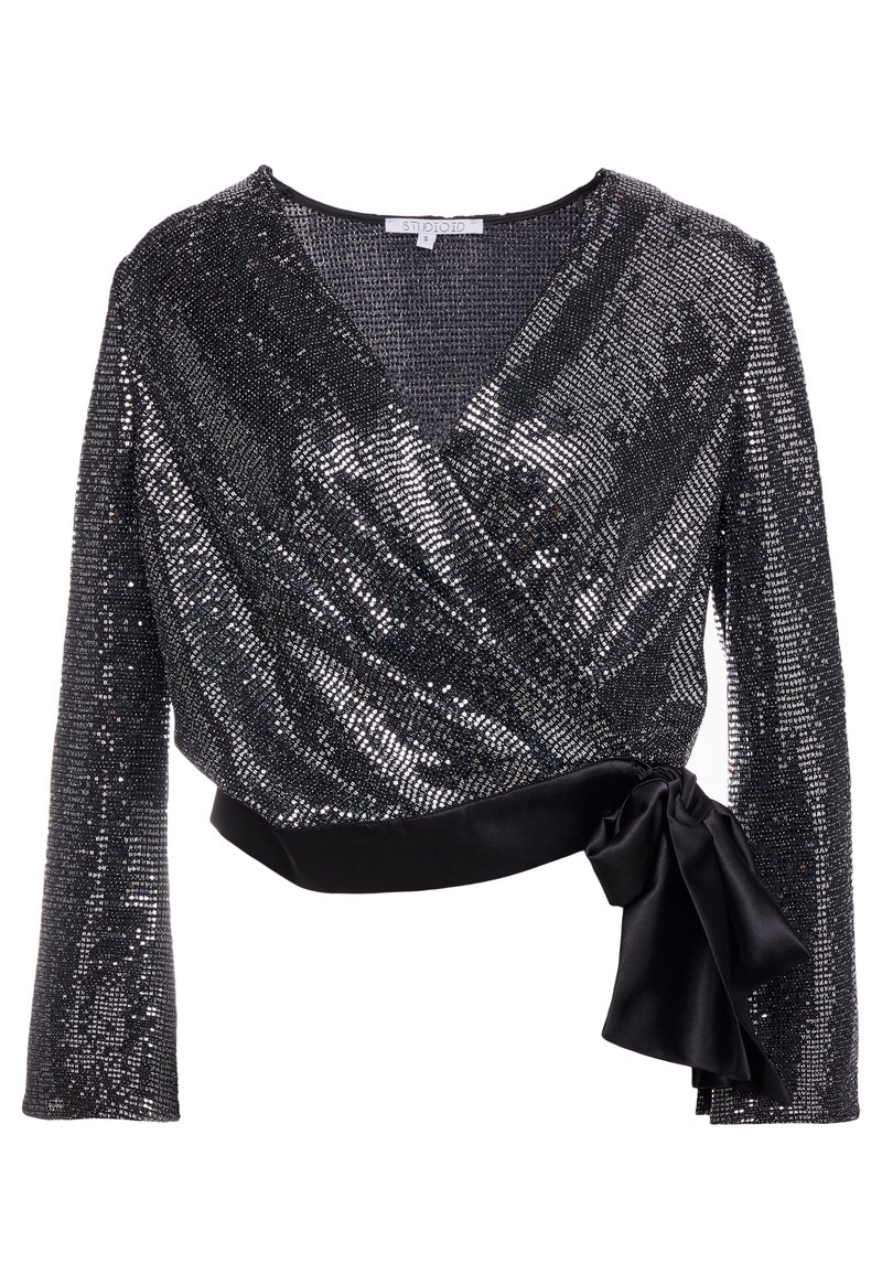 Musta paljeteilla koristeltu kietaisupaita, jossa on pitkät hihat ja satiininen vyötärön solmimisnauha. Syvä V-pääntie ja kimaltava pintatekstuuri.