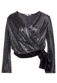 Top avvolgente nero con paillettes, maniche lunghe e dettaglio a fiocco in satin in vita, caratterizzato da una profonda scollatura a V e superficie texturizzata.