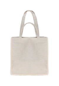Beige stoffen draagtas met een gestructureerd oppervlak, dubbele handgrepen bovenaan en crèmekleurige afwerking. Geen zichtbare patronen of beslag.